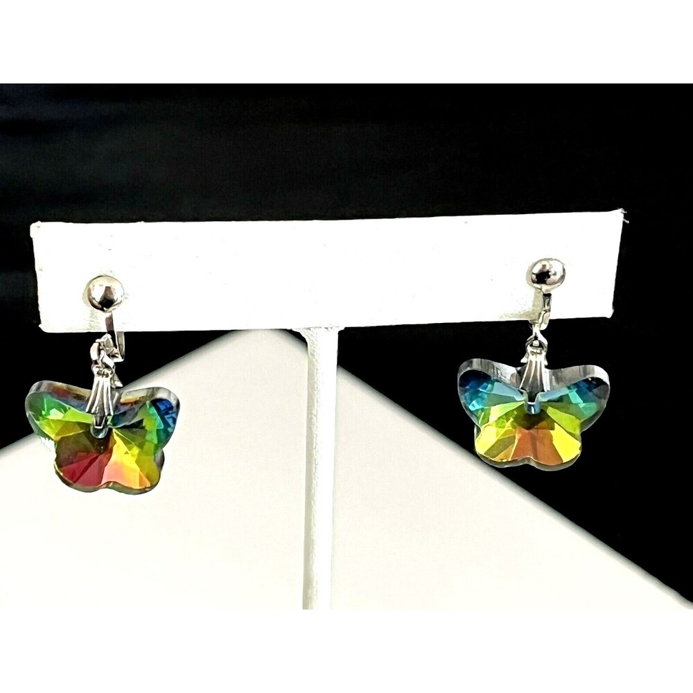 Vintage 1980s AB Glass Butterfly Clip Earrings Silver Tone NOS - 4R
